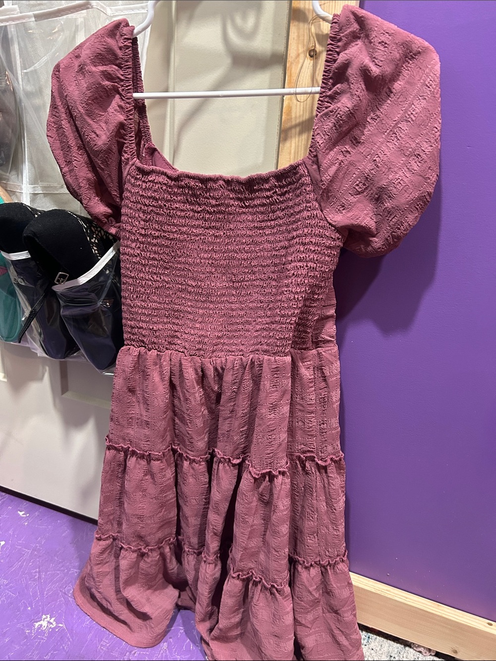 Rewind Mauve Puff-Sleeve Tiered Mini Dress - Picture 2 of 2